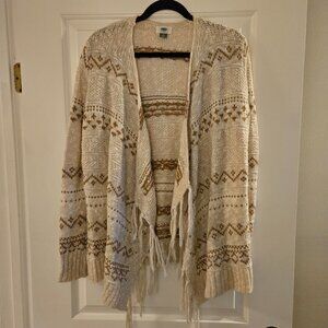 Old Navy Tan & Brown Fringe Long Cardigan Sweater, Size M
